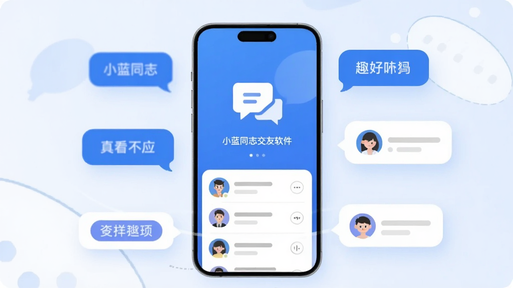 画面主体是一部竖屏智能手机,屏幕中央展示小蓝同志交友软件的启动界面,界面以蓝色渐变为主色调,上方有简洁的对话气泡图标,下方是用户头像排列的社交列表;手机周围环绕几个悬浮的聊天气泡与兴趣标签卡片,布局为手机居中、元素环绕四周,排版干净对称;风格为现代扁平化科技插画风,细节上气泡带有柔和阴影、头像卡片圆角处理、背景为浅蓝到白色的柔和过渡,画质高清、画面干净、无多余元素