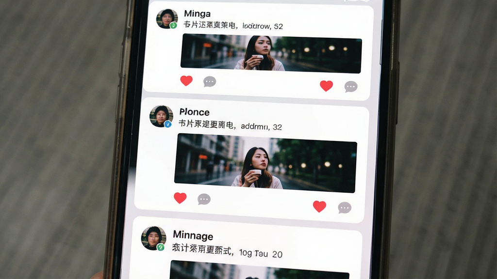 画面主体为手机屏幕中的动态广场页面,页面内有多条图文动态卡片,每张卡片包含发布者头像、文字描述、配图与点赞评论图标;布局为单列纵向滚动排列,排版规整;风格为社交应用界面展示风,细节上点赞图标为红色爱心、评论图标为灰色气泡、卡片间距均匀,画质清晰、画面干净、无多余元素