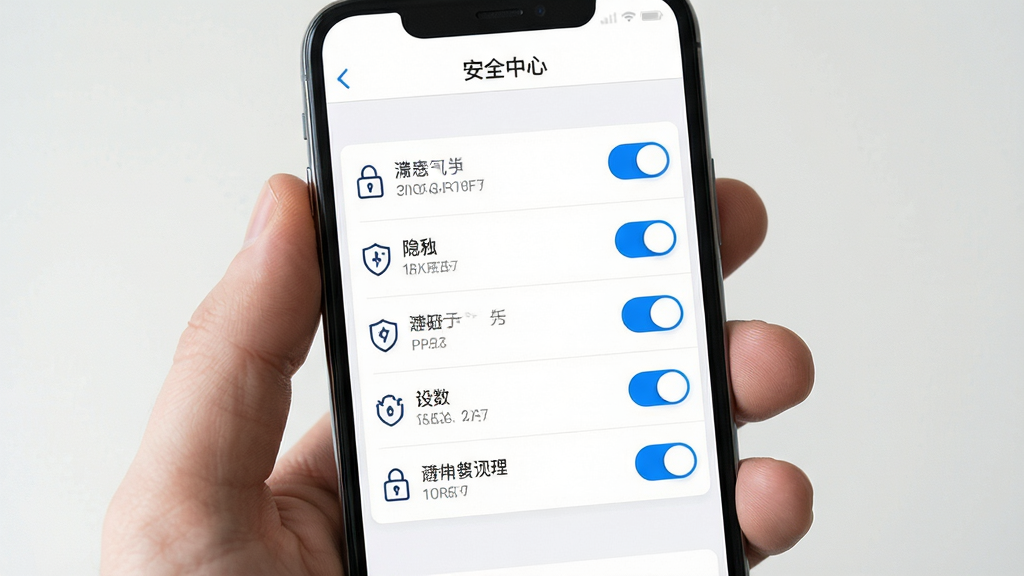 画面主体为手机界面中的隐私设置页面,页面上排列着多个带开关按钮的选项条目,旁边配有小锁与盾牌图标;布局为纵向列表式排版,顶部有安全中心标题;风格为简洁安全主题UI风,细节上开关为蓝色高亮、图标线条统一、背景为白色,画质高清、干净、无多余元素