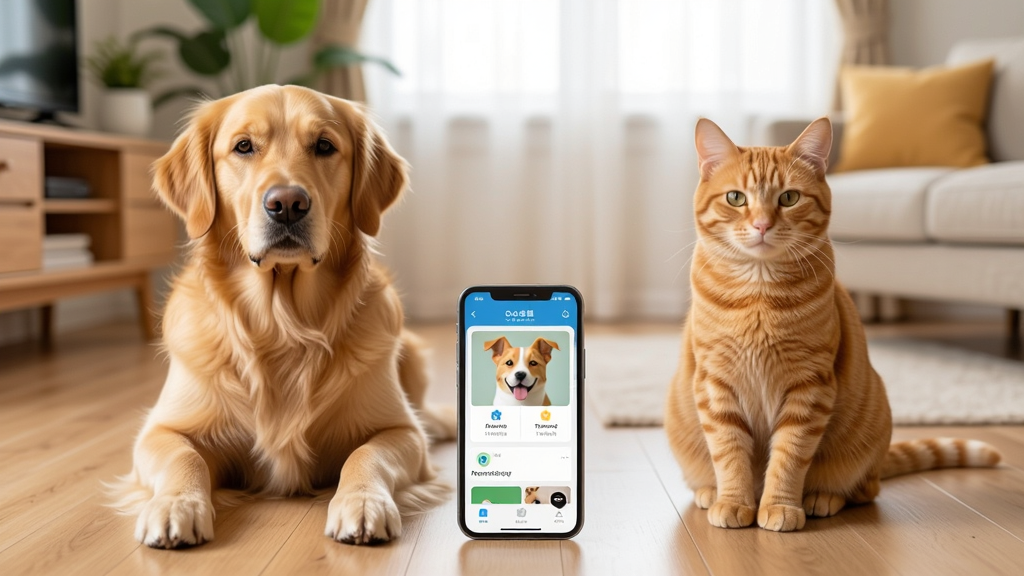 一只金毛犬和一只橘猫并排坐在明亮的客厅地板上,中间放置一部显示宠物管理界面的智能手机,画面采用温暖柔和的家居风格,背景有绿植与木质家具,构图居中对称,细节干净整洁,画质清晰自然,无多余装饰元素
