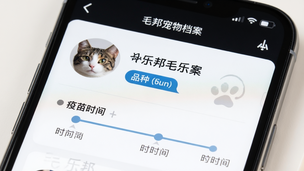 手机屏幕特写,显示毛乐邦宠物档案界面,包含猫咪头像、品种标签与疫苗时间轴,画面为浅色背景的数码产品展示风格,布局简洁,文字清晰,画质干净,无杂乱元素
