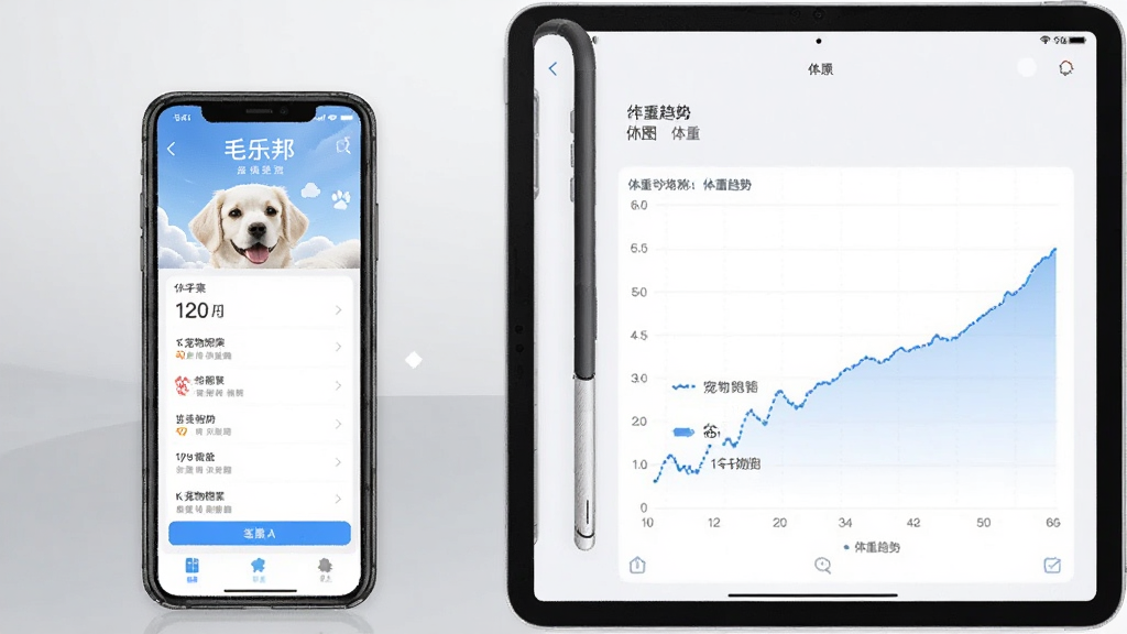 手机与平板并列展示毛乐邦应用界面,左侧为宠物档案页,右侧为体重趋势图,画面为数码产品对比展示风格,背景为浅灰色渐变,构图整齐,画质清晰,无多余文字