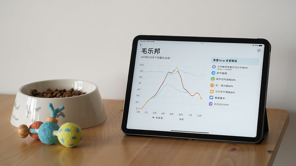 平板电脑放置在木桌上,屏幕展示毛乐邦体重曲线图表与提醒列表,旁边放着宠物食盆与玩具,画面为生活化静物风格,光线柔和,构图平稳,画质细腻,背景干净