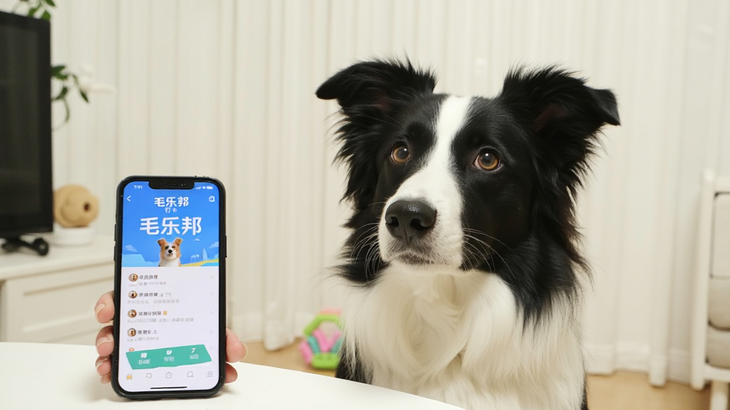一只边牧犬在室内专注地看着前方,旁边手机屏幕显示毛乐邦训练打卡界面,画面为明亮温馨的宠物训练场景,构图以宠物为主体,背景简洁,画质清晰,无多余道具
