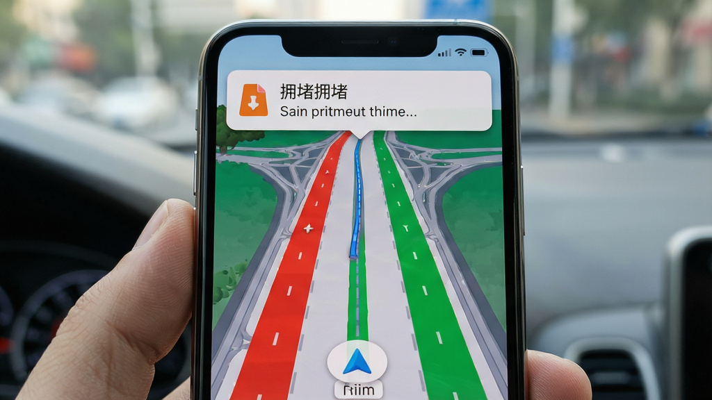 手机导航实时路况界面特写,屏幕显示城市主干道彩色路况条,红色与绿色路段对比鲜明,界面顶部有拥堵提示浮窗,画面风格写实清晰,布局为居中手机展示,细节丰富,画质干净,无多余元素