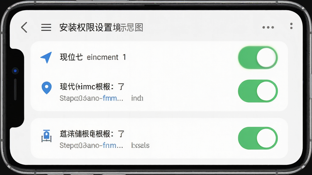 手机导航安装权限设置界面示意图,手机屏幕展示应用权限管理列表,定位与存储权限开关处于开启状态,界面风格清晰明了,布局规整,细节准确,画质干净,无多余元素