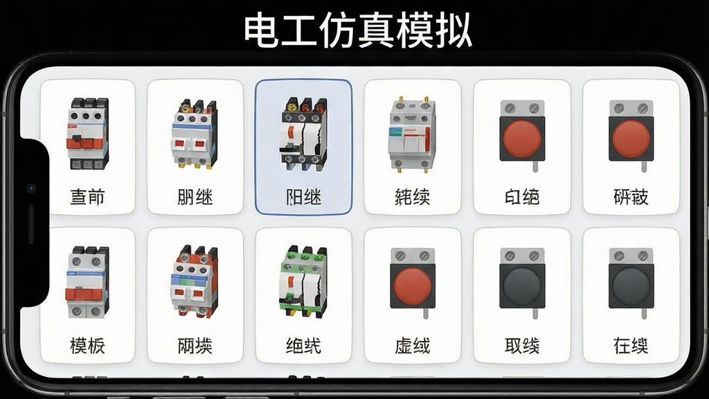 一张展示电工仿真模拟软件虚拟元件库的界面图,画面主体为手机屏幕,屏幕上以网格方式排列多种低压电器元件图标,包括断路器、接触器、热继电器和按钮开关,布局为元件卡片整齐排列、每张卡片下方带名称文字,风格为扁平化应用界面风,细节包括元件线条清晰、配色柔和、选中状态有高亮边框,画质高清,画面干净,无多余元素,顶部用文字标注“电工仿真模拟”