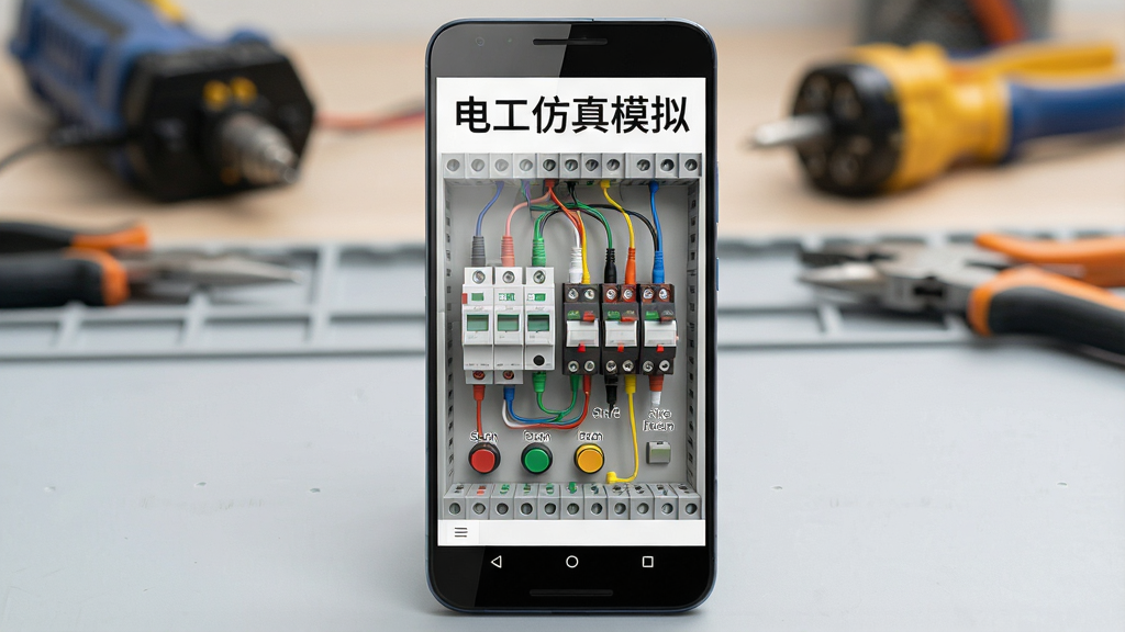 一张手机屏幕展示电工仿真模拟软件界面的场景图,画面主体是一部竖屏安卓手机,屏幕上显示虚拟配电面板,面板上有多个断路器、接触器、按钮和彩色导线连接,布局为手机居中放置于浅灰色工作台上,背景虚化带少量电工工具,排版简洁突出手机屏幕内容,风格为写实产品展示风,细节包括导线颜色区分、元件标签清晰、屏幕反光自然,画质高清,画面干净,无多余元素,屏幕上方用文字标注“电工仿真模拟”