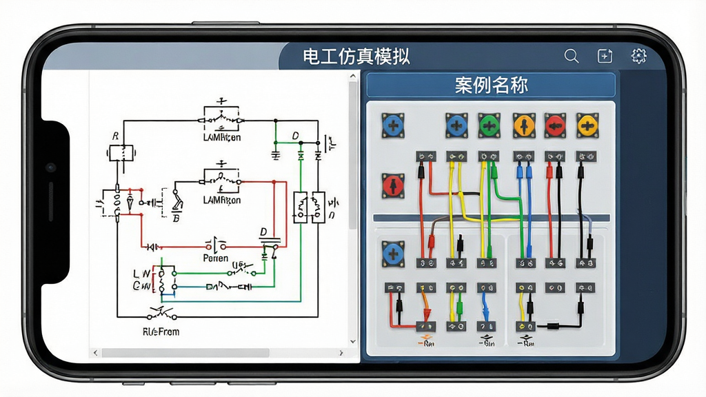 一张电工仿真模拟软件电路案例练习界面的场景图,画面主体为手机屏幕显示原理图与接线面板左右分栏,左侧为电路原理图线条图,右侧为虚拟接线面板,布局为上下结构、上方标题栏写有案例名称,风格为教学类应用界面风,细节包括原理图线条清晰、面板元件排列整齐、导线颜色分明,画质高清,画面干净,无多余元素,屏幕中显示文字“电工仿真模拟”
