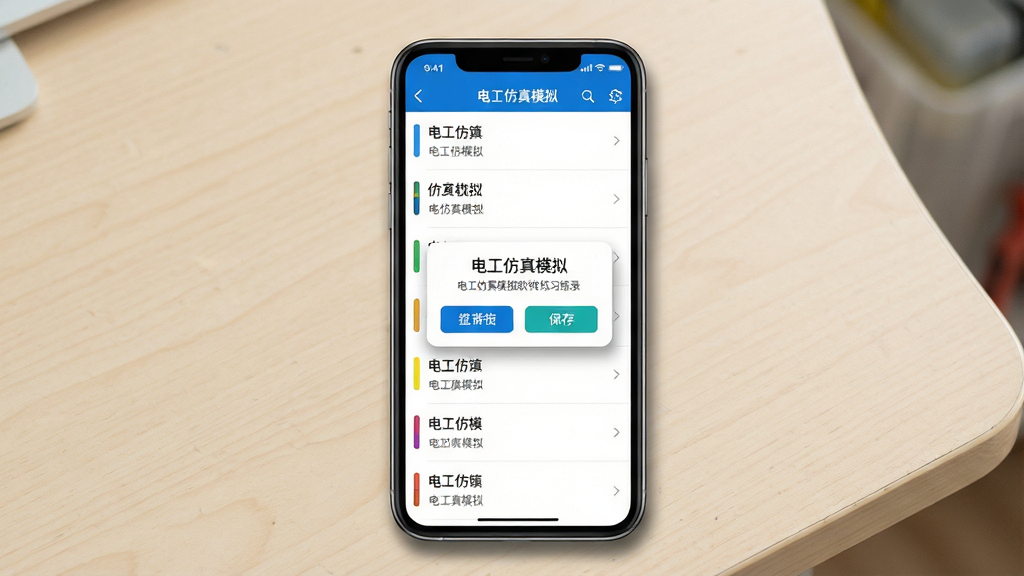 一张手机展示电工仿真模拟软件练习记录保存界面的场景图,画面主体为手机屏幕显示练习列表和保存提示弹窗,布局为手机居中、背景为浅色桌面,风格为简洁应用界面风,细节包括列表条目清晰、弹窗按钮醒目、屏幕有轻微阴影,画质高清,画面干净,无多余元素,屏幕中显示文字“电工仿真模拟”