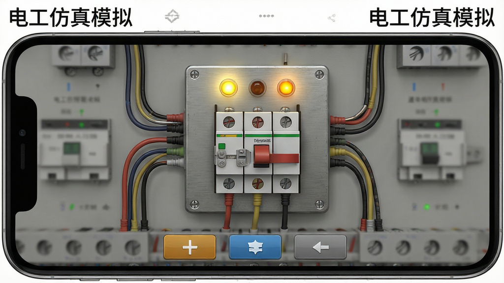 一张展示电工仿真模拟软件通电测试状态的界面图,画面主体为手机屏幕显示虚拟配电面板通电后指示灯亮起、接触器处于吸合状态,布局为面板居中、底部有操作按钮,风格为写实工业风应用界面,细节包括指示灯发出暖黄色光、导线连接清晰、面板有轻微金属质感,画质高清,画面干净,无多余元素,屏幕角落用文字标注“电工仿真模拟”
