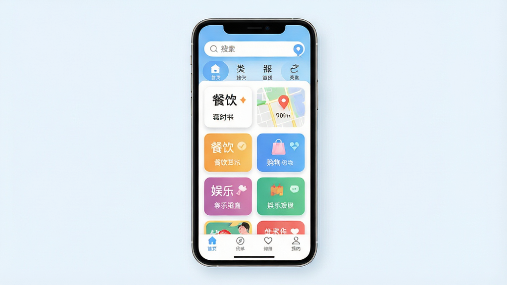 һ���ֻ�Ӧ�ý���չʾͼ������Ϊ�������ŵ������ֻ�����Ļ����ʾ���������Ż�ȯ�б����ͼ��λģ�飬�������������ͷ���ͼ�꣬�в��ǲ�����������ֵȲ�ɫ��Ƭʽ�Ż���ڣ��ײ�Ϊ�����˵������ֹ������׳��㣬���Ϊ��ˬ��ƽ��UI��ƣ�ϸ�ڰ���Բ�ǰ�ť�������Ӱ���������ֱ�ǩ�����ʸ���ɾ��޶���Ԫ�أ�����ɫ�������԰�ɫ��ǳ��Ϊ��