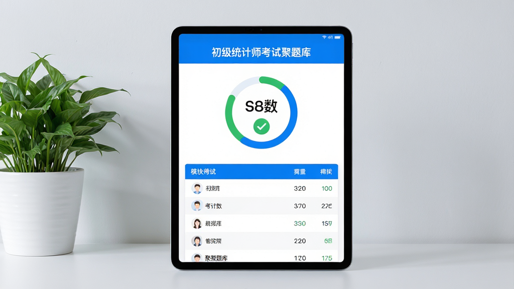 ��������Ϊһ��ƽ�����������ʾ������ͳ��ʦ���Ծ���⡱��ģ�⿼�Խ��ҳ�棬ҳ��������һ�����η���ͼ������ɫ�Թ�ͼ�ꣻ����Ϊƽ����Ծ��з��ã�����Ϊ����ǳ��ɫǽ����һ����ֲ���Ű��Ϸ���ͼ��λ����Ļ�ϰ벿�֣��°벿��Ϊ��ģ��÷��б������Ϊ�ִ���Լ�����Ʒչʾ�磬ɫ����������Ϊ����ϸ����ƽ��߿�խ����Ļɫ�ʱ��Ͷȸߣ���ֲҶƬ���������ʸ��壬����ɾ����޶���Ԫ�ء�