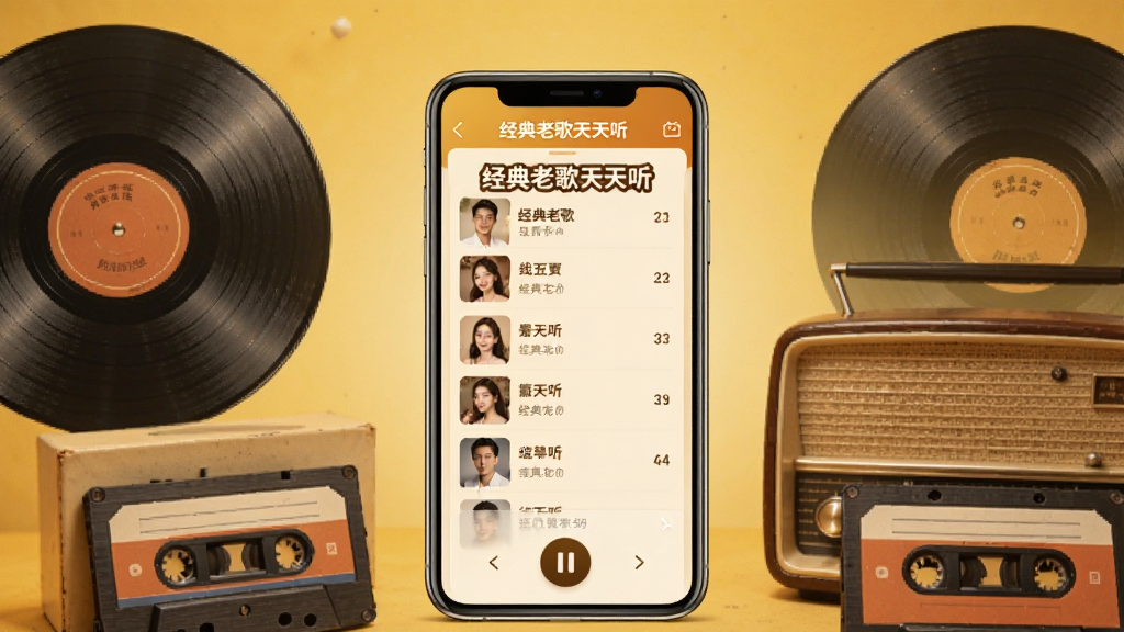 画面中央放置一部智能手机,屏幕显示“经典老歌天天听”应用主界面,界面中有大字体歌曲列表和播放按钮,手机周围环绕黑胶唱片、复古收音机、磁带等音乐元素,背景为暖黄色渐变,整体布局居中对称,风格复古温馨,细节丰富,画质清晰干净,无多余元素