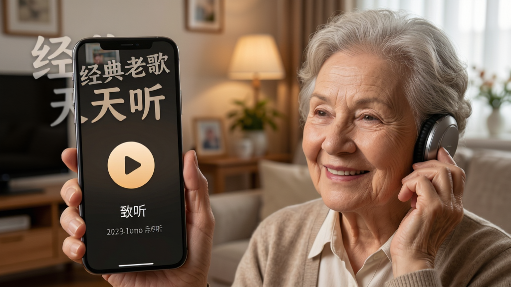 画面展示“经典老歌天天听”软件的大字体界面特写,一位老年用户手持手机微笑聆听,手机屏幕清晰显示大号播放按钮与歌曲名称,背景为居家客厅环境,布局以人物和手机为视觉中心,风格写实温暖,细节丰富,画质清晰干净,无多余元素
