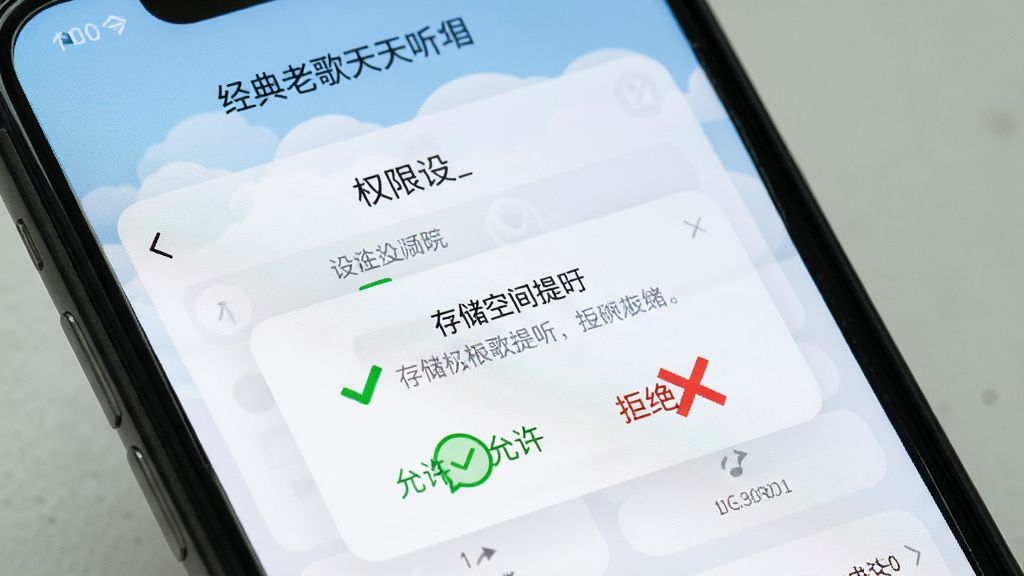 画面为手机屏幕特写,显示“经典老歌天天听”软件的权限设置界面与存储空间提示弹窗,旁边配有对勾和叉号图标示意允许与拒绝操作,布局以手机界面为主体,风格简洁明快,细节清晰,画质干净,无多余元素