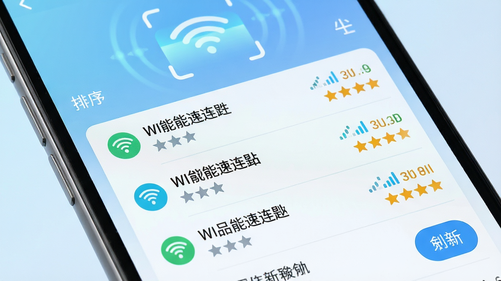 ����Ϊ�ֻ���Ļ��д����ʾWiFi���������׵��ȵ��б����棬������������Ա�ע�ź�ǿ�����Ǽ����֣�����Ϊ�����б�ʽ�Ű棬������ɨ�趯��Ч�������Ϊ��ˬ�Ƽ��磬ǳ�����䱳����ϸ�ڰ����źŲ���ͼ�ꡢ�����ǩ��ˢ�°�ť�����ʸ��壬����ɾ�������Ԫ��