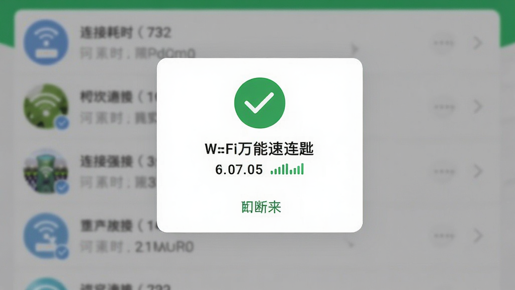 ����Ϊ�ֻ�����չʾWiFi���������׵�һ�����ӳɹ���ʾ��������ɫ�Թ�ͼ����Ŀ������Ϊ���е���ʽ��ͼ�������黯��ʾ�����б������Ϊ��������UI�����ɫ���ɫΪ��ɫ����ϸ�ڰ������Ӻ�ʱ��ʾ���ź�ǿ��ָʾ���Ͽ���ť�������������޶���װ��