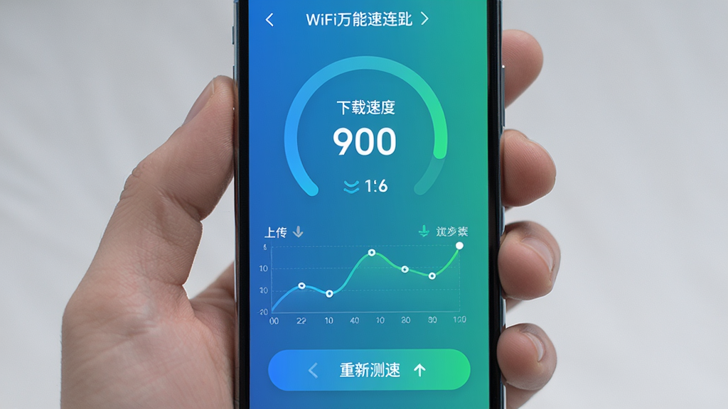 ����Ϊ�ֻ�����չʾWiFi���������׵Ĳ��ٽ��ҳ�棬Բ���Ǳ�����ʾ�����ٶ���ֵ���·����ź�ǿ������ͼ������Ϊ���·����Ű棬���ٰ�ťλ�ڵײ������Ϊ���ݿ��ӻ�������̽�����ɫ��ϸ�ڰ����ӳ���ֵ���ϴ����ر�ʶ�����²��ٰ�ť��������������������