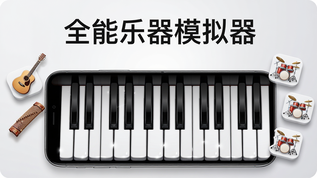 画面主体是一部智能手机横屏放置,屏幕上展示全能乐器模拟器的钢琴键盘界面,琴键黑白分明、按键带有微微高光,手机两侧漂浮着吉他、古筝、架子鼓等乐器的小型图标,布局为居中构图、手机占据画面中央偏下位置,上方留白并排布“全能乐器模拟器”中文字样,风格为清爽现代的数码产品展示风,细节包括琴键的立体质感、图标边缘柔和阴影、背景为浅灰渐变,画质高清、干净、无多余元素