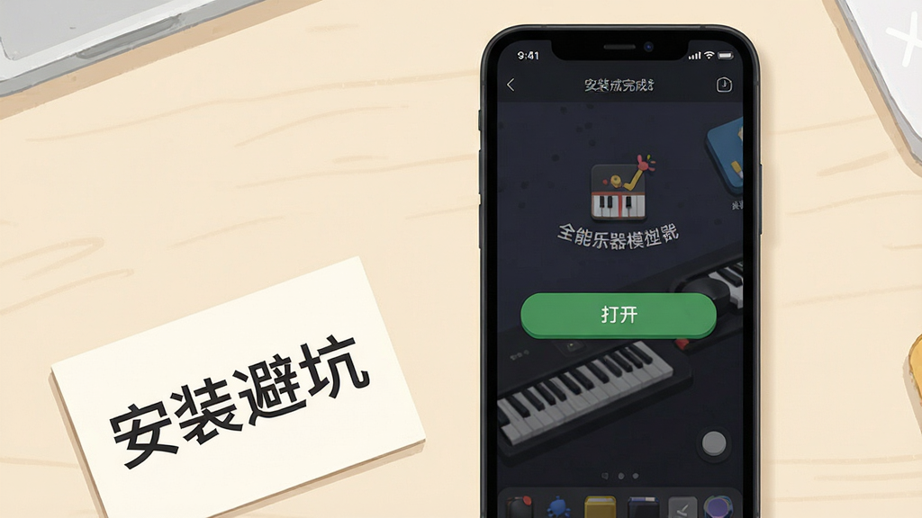 画面主体是一部手机屏幕显示全能乐器模拟器的安装完成界面,屏幕中央有“打开”按钮,手机旁边摆放一张写有“安装避坑”字样的小卡片,布局为手机居中、卡片位于左下角,风格为实用教程插图风,细节包括手机界面按钮清晰、卡片文字工整、背景为浅色桌面,画质高清、干净、无多余元素