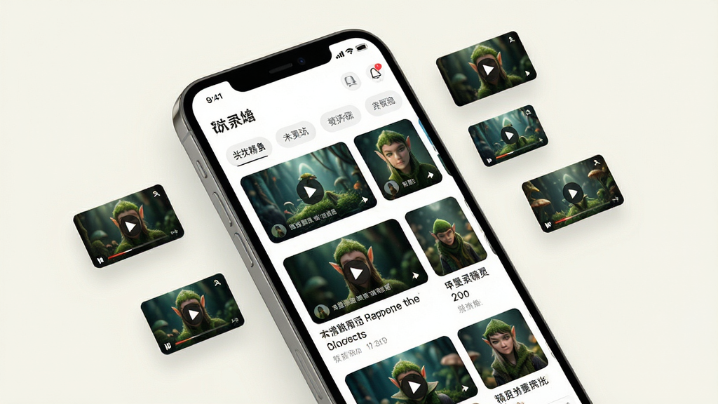 一张展示看看精灵内容聚合界面的生图,画面主体为一部手机,屏幕上排列着多个视频封面卡片和分类标签,卡片下方有简短标题文字,手机旁边散落着几个悬浮的小型视频窗口图标,整体采用浅色系背景,风格清爽干净,细节丰富,画质高清,无多余元素