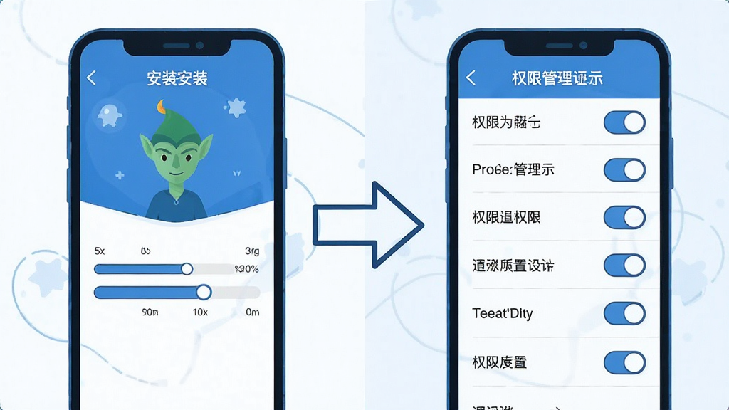 一张展示看看精灵安装与权限设置流程的示意图,画面分为左右两部分,左侧是手机安装界面带有进度条,右侧是权限管理开关列表,中间用箭头连接,整体采用扁平插画风格,配色以蓝白为主,布局清晰,细节到位,画质高清,干净,无多余元素