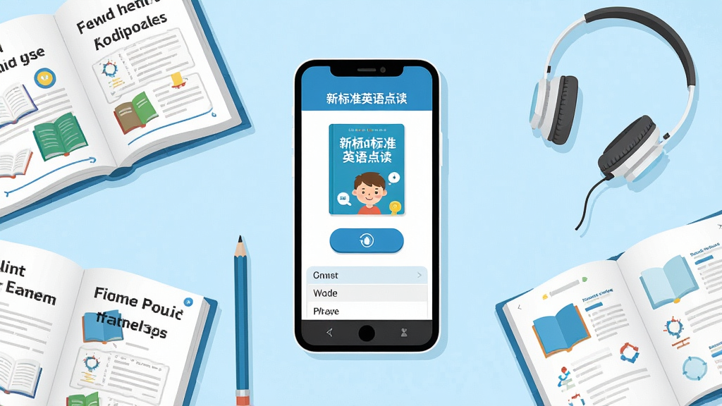画面中央放置一部智能手机,屏幕上显示“新标准英语点读”应用界面,界面包含课本封面、点读按钮和单词列表,手机周围环绕英语课本、耳机、铅笔和翻开的练习册,整体采用清新明亮的蓝白色调,扁平化插画风格,布局居中对称,细节刻画课本文字与按钮图标,画面干净整洁无多余元素,高清画质