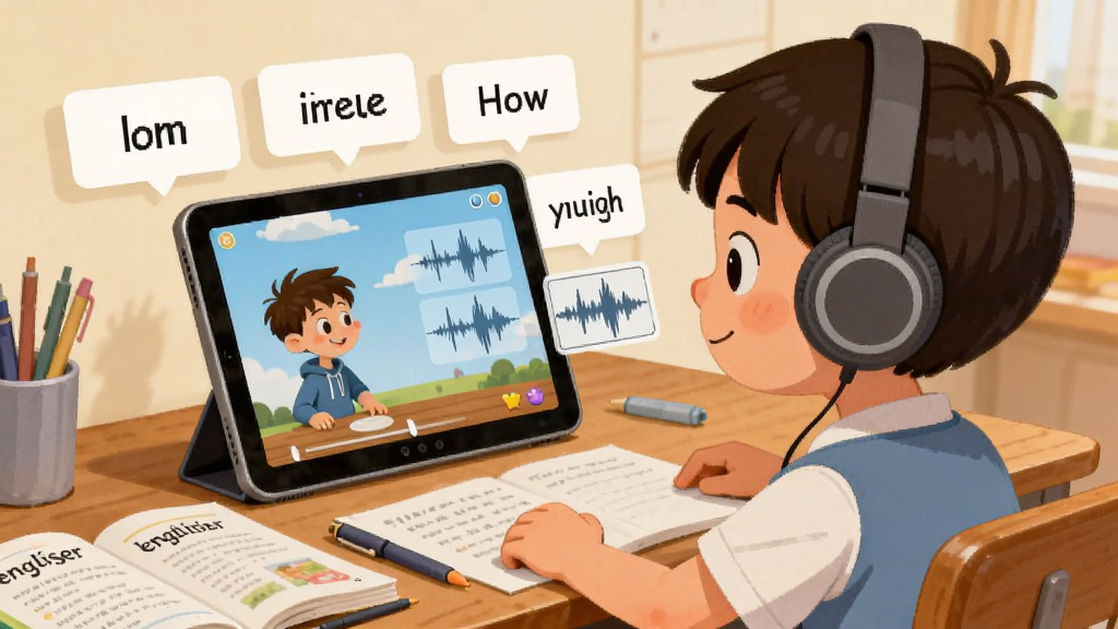 画面中一名小学生戴着耳机坐在书桌前,面前平板电脑上播放着英语课文动画,屏幕旁边浮现单词卡片和听力波形图,书桌上摆放英语课本和文具,整体风格为温馨卡通插画,布局人物居中、屏幕内容清晰,细节表现动画角色与单词卡,画面干净无杂乱元素,高清画质