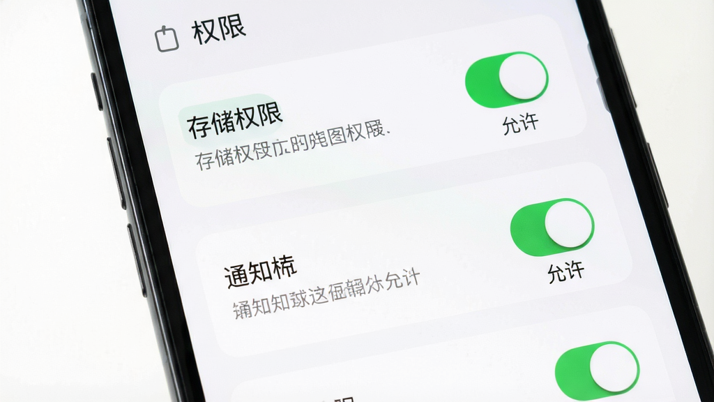 一张手机安全设置示意图,画面主体为一部手机屏幕,屏幕上显示应用权限管理页面,包含存储权限与通知权限开关,开关旁有