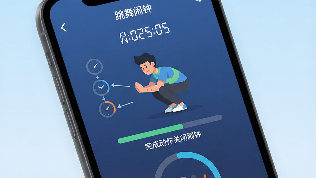 画面主体是“跳舞闹钟”应用界面特写,屏幕中央显示一个卡通人物做出下蹲动作的示意图,旁边有进度条和“完成动作关闭闹钟”的文字提示,布局为手机屏幕占据画面主要位置,背景为简洁的浅蓝色渐变,风格为现代扁平化UI插画,细节包括动作分解图标、倒计时数字、进度环,画质清晰干净、无多余元素