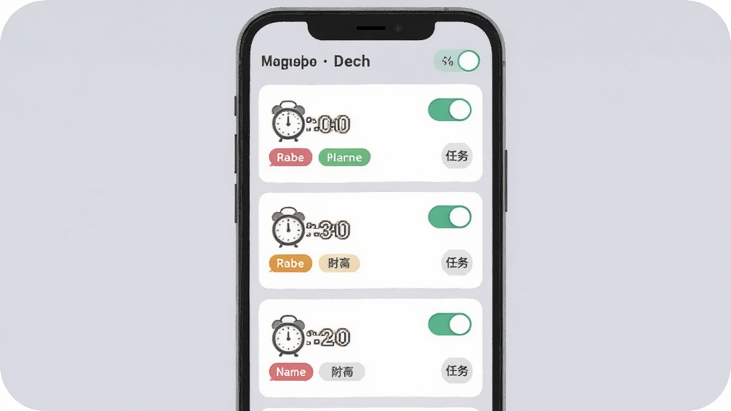 画面主体是“跳舞闹钟”应用的自定义设置界面,屏幕显示多个闹钟列表,每个闹钟条目带有时间、标签名称和任务类型图标,布局为手机界面竖向排列展示三个闹钟卡片,背景为柔和的浅灰色,风格为清爽的卡片式UI设计插画,细节包括开关按钮、时间数字、彩色标签,画质清晰干净、无多余元素