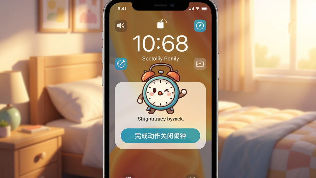 画面主体是“跳舞闹钟”应用在手机锁屏界面弹出任务提示的场景,屏幕显示一个卡通闹钟角色和“完成动作关闭闹钟”的按钮,布局为手机竖屏居中、背景为清晨卧室床头环境,风格为温馨卡通插画,细节包括锁屏时间显示、任务图标、柔和晨光,画质清晰干净、无多余元素