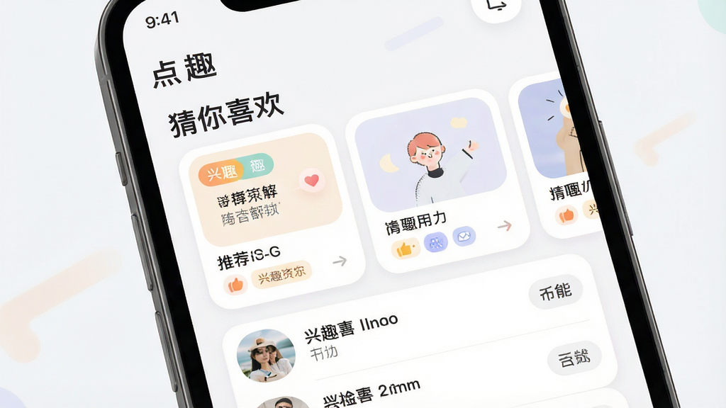 һ��Ӧ�ý���չʾͼ������Ϊ����Ȥ��Ӧ�õĸ��Ի��Ƽ�ҳ�棬�������ֻ���Ļ�ڡ�����ϲ������飬����Ϊ���򻬶���Ƭ���·��б����Ű��Ϸ�Ϊ�����·�Ϊ���ݣ����Ϊ���Բ�ǿ�Ƭ��ƣ�ϸ�ڰ����Ƽ���ǩ����Ȥͼ�ꡢǳɫ��������ɫ���֣����ʸ���ɾ��޶���Ԫ��