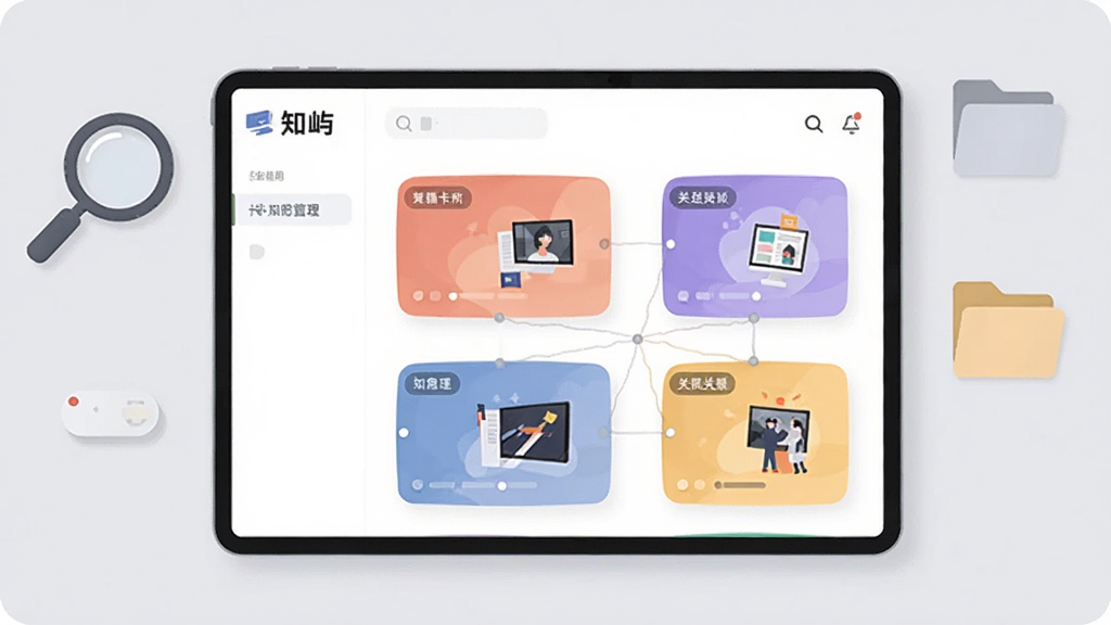 ����չʾ֪��Ӧ����֪ʶ��Ƭ�������棬��Ļ�����ж��Ų�ɫ��Ƭ��ÿ�ſ�Ƭ���б�ǩ������ͼ����Ƭ֮����ϸ�����ӱ�ʾ������ϵ������Ϊǳ��ɫ����̨���Ա߷��÷Ŵ󾵺��ļ���ͼ�ꣻ���Ϊ�ִ���ƽ�廭��ɫ����ͣ����ʸɾ�����