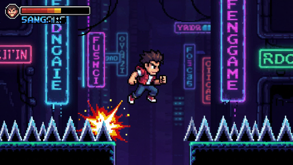 I wanna be the Fangame 游戏画面,像素风角色跳跃躲避尖刺,背景充满霓虹灯光,紧张刺激的氛围