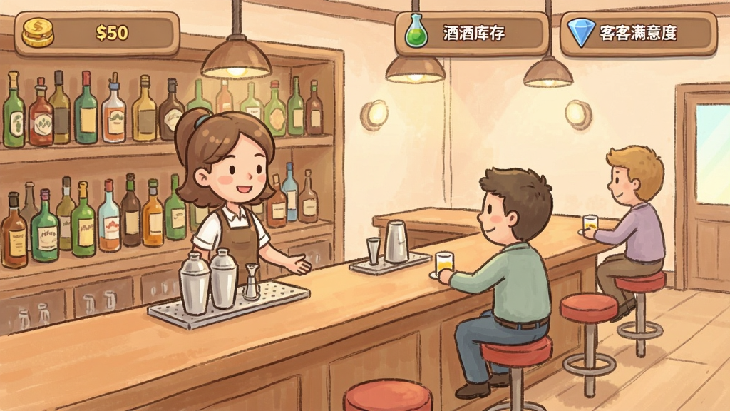 凯西酒吧 主界面截图,温馨的酒吧场景,吧台摆放着各种酒瓶和调酒工具,角色凯西站在吧台后微笑服务,顾客坐在高脚椅上,手绘卡通风格,色彩明亮柔和,UI界面清晰展示金钱、酒水库存和顾客满意度,游戏画面截图风格