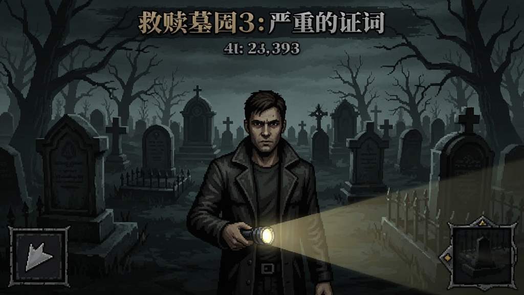 救赎墓园3:严重的证词 主界面截图,阴森墓园背景,主角手持手电筒,UI简洁,悬疑氛围,游戏截图风格