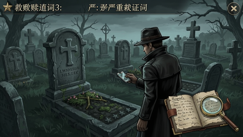 救赎墓园3:严重的证词 玩法界面,主角在墓园中调查墓碑,旁边有笔记和放大镜,游戏画面