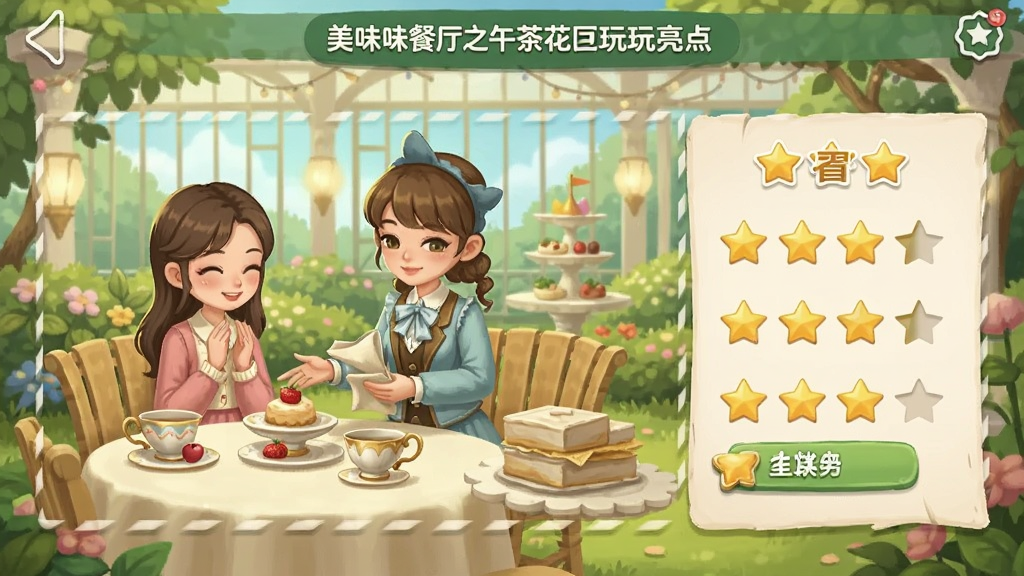 美味餐厅之午茶花园 玩法亮点截图,展示顾客服务与星级评价界面