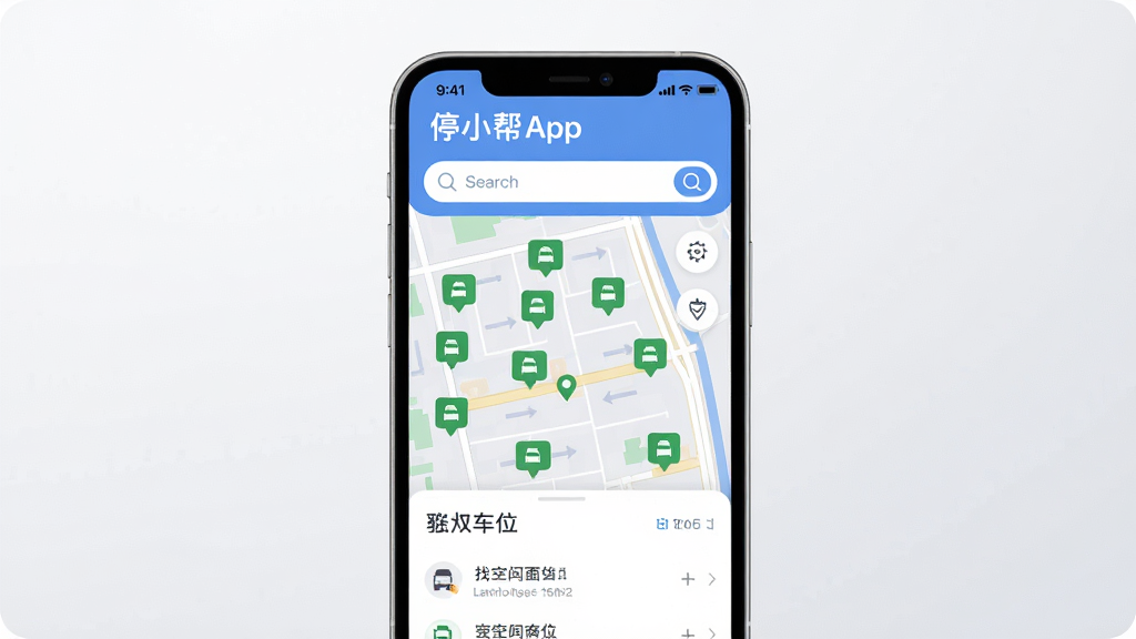 ���壺ͣС��App���棬չʾ�ҳ�λ���ܣ��ֻ���Ļ���е�ͼ�ͳ�λ��ǣ����֣��ֻ����У���Ļ���������ɼ�������Ϊ����ǳ��ɫ���䣬�Ű棺����Ԫ�����룬����������б�������ִ���ƽ����ϸ�ڣ���ͼ������ɫ���г�λͼ�꣬���ʣ����壬�ɾ����޶���Ԫ��