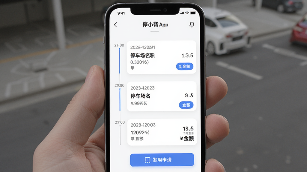 ���壺ͣС��App��ͣ����¼ҳ�棬��ʾʱ����ͷ�����Ϣ�����֣��ֻ���Ļ�ڣ�����ʱ����չʾ���Ű棺ÿ����¼�����ڡ�ͣ��������ʱ���ͽ���񣺼�Լ������ϸ�ڣ��з�Ʊ���밴ť�����ʣ��߷ֱ��ʣ��޶���Ԫ��