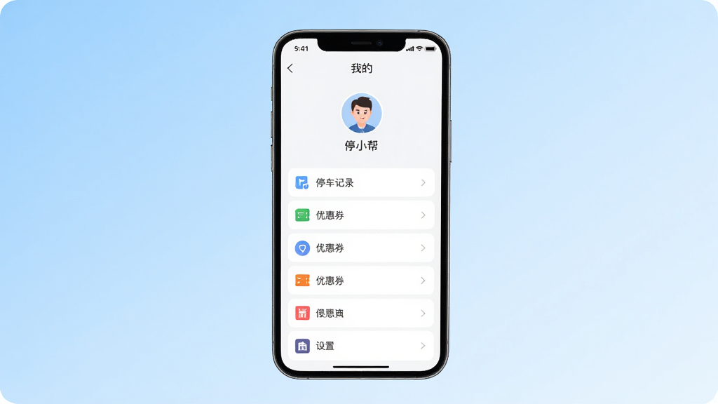 ���壺�ֻ���Ļ��ʾͣС��App�ġ��ҵġ�ҳ�棬�и���ͷ�������ѡ����֣��ֻ����У�����Ϊǳ��ɫ���䣬�Ű棺���ϵ�������Ϊͷ���û����������б��������ˬ��࣬ϸ�ڣ��С�ͣ����¼�������Ż�ȯ������ڣ����ʣ����壬�ɾ��޶���