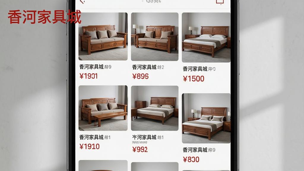 һ��չʾ����ӼҾ߳ǡ�APP��Ʒ�б�ҳ��ͼƬ��ҳ������ٲ������֣�չʾ���ʵľɳ���봲�ߣ�ÿ����Ʒ���и�����ͼ�ͼ۸��ǩ���������Ͻ��С���ӼҾ߳ǡ��ĺ�ɫˮӡ������Ϊǳ��ɫǽ�壬������дʵ����Ӱ��Ȼ��ͻ���Ҿߵ��ʸ����ֻ�������ںϣ�����������������Ԫ�ء�