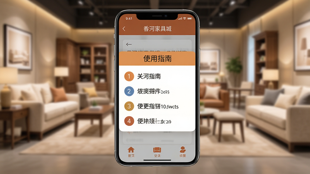 һ��չʾ����ӼҾ߳ǡ�APP���ֻ��ϵĲ������棬��Ļ��ʾ��ʹ��ָ�ϡ��������г������ؼ��������裬����Ϊģ���ļҾ�չ�������廭���࣬�ֻ���Ļ���������ɶ���ɫ����ܰ�����ʸߣ��޶���Ԫ�ء�