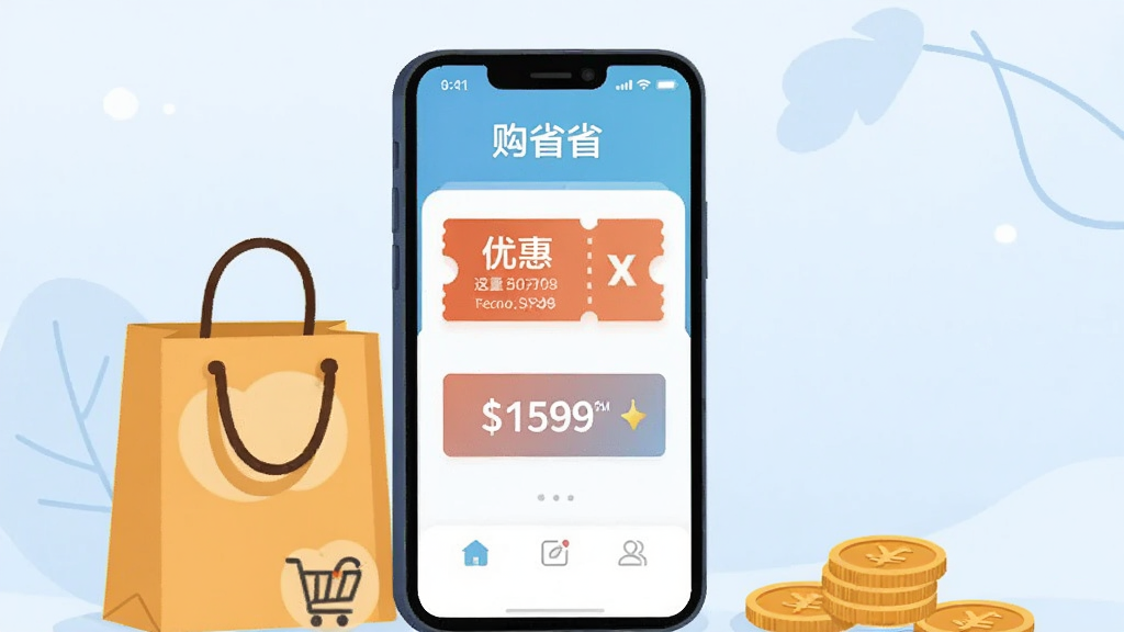 画面主体为一部智能手机屏幕,屏幕上清晰展示“购省省”APP主界面,界面中有明显的优惠券图标和返利金额数字,手机旁边摆放着购物袋和几枚硬币,背景为柔和的浅蓝色渐变,整体布局简洁明快,风格扁平化插画,细节丰富,画质干净无多余元素
