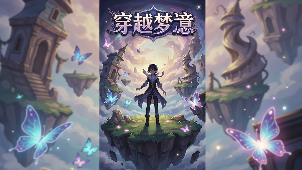 穿越梦境 游戏主界面展示,梦幻色彩,角色站在漂浮的岛屿上,周围有发光的蝴蝶和扭曲的建筑,整体风格唯美而神秘,竖版构图,适合作为游戏宣传图