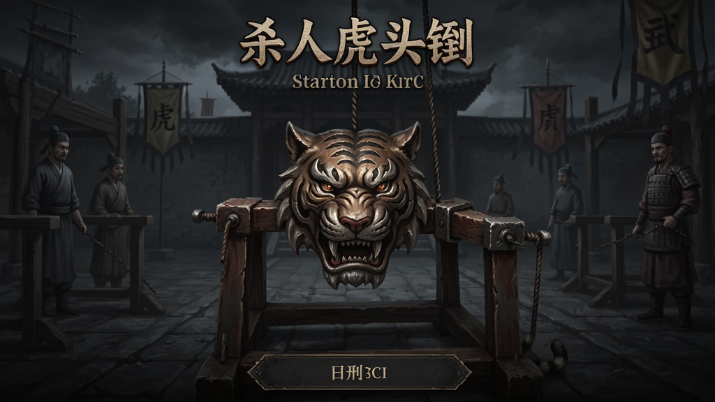 杀人虎头铡游戏主界面展示,古代刑场背景,虎头铡道具特写,UI布局清晰,色彩暗黑写实风格