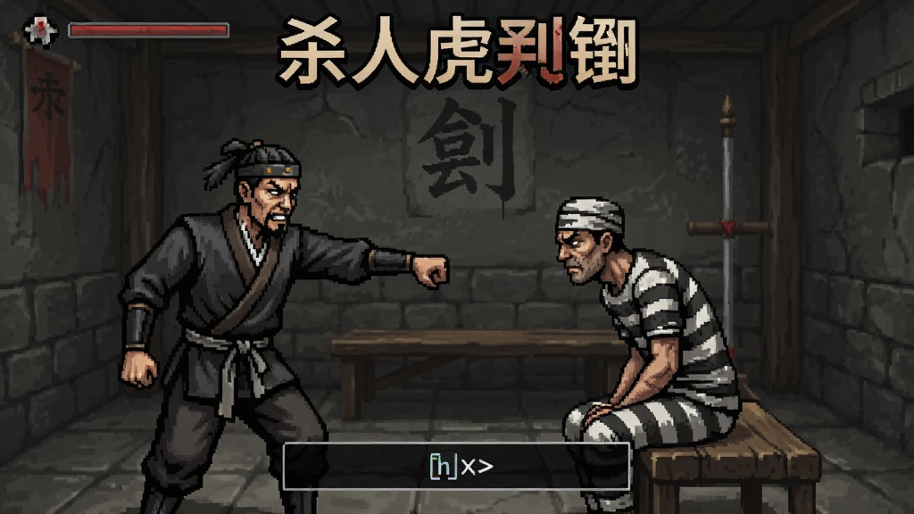 杀人虎头铡游戏玩法截图,刽子手角色与囚犯互动场景,QTE操作提示,画面充满紧张感