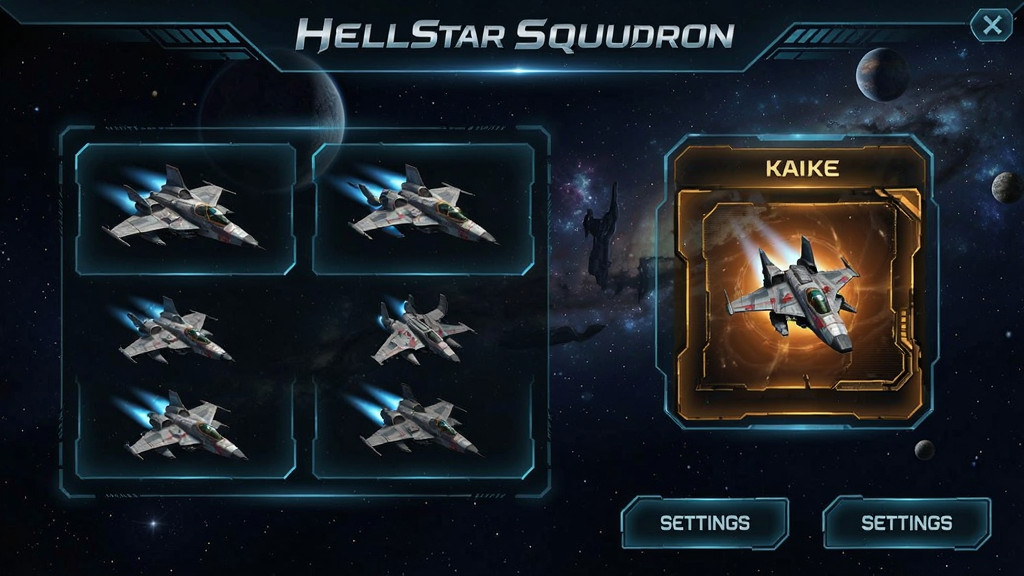 �������ж�(HellStar Squadron) ��Ϸ�����棬չʾս��ѡ�񡢹ؿ���ڡ����ð�ť���ƻ÷��UI��̫�ձ�����������Ϸ��ͼ